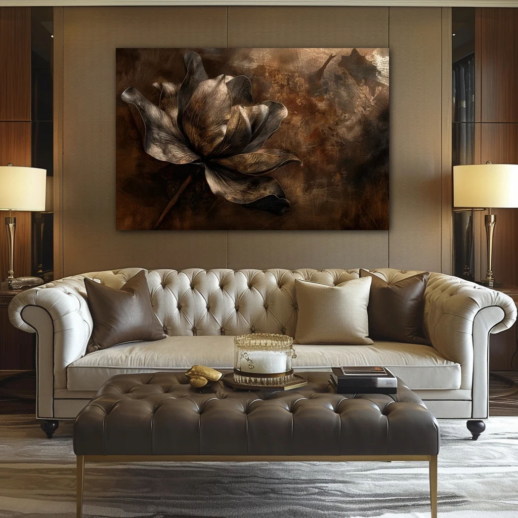 Cuadro susurros cobrizos en formato horizontal con colores marrón, monocromático; decorando pared de encima del sofá