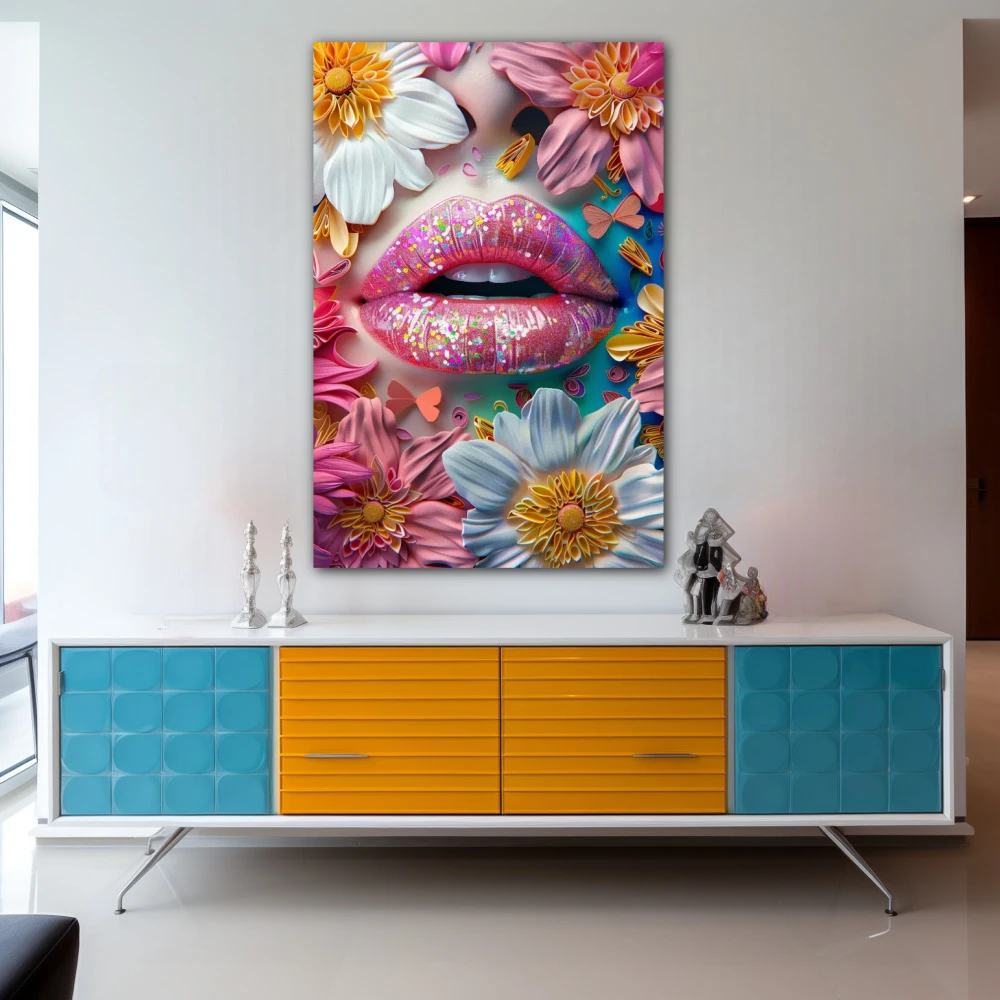 Wall Art titled: Kiss in Secret Garden in a Vertical format with: white, and Pink Colors; Decoration the Sideboard wall