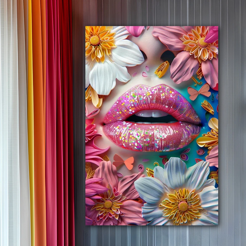 Cuadro beso en jardín secreto en formato vertical con colores blanco, rosa; decorando pared gris