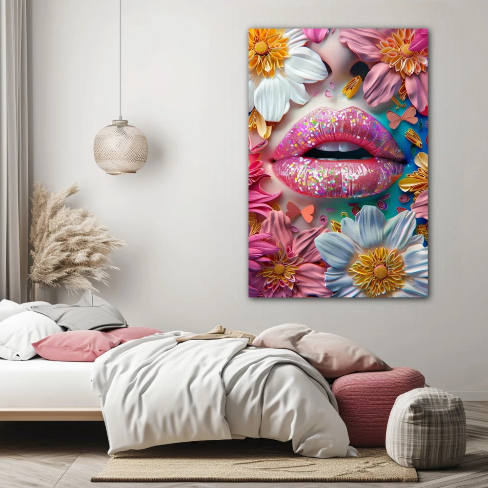 Cuadro beso en jardín secreto en formato vertical con colores blanco, rosa; decorando pared de habitación dormitorio