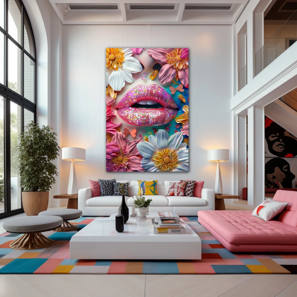 Wall Art titled: Kiss in Secret Garden in a Vertical format with: white, and Pink Colors; Decoration the Living Room wall