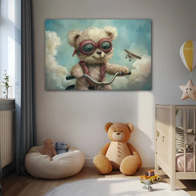 Wall Art titled: Dreamlike Children's Flight in a  format with: Sky blue, and Grey Colors; Decoration the Beige Wall wall