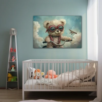 Wall Art titled: Dreamlike Children's Flight in a  format with: Sky blue, and Grey Colors; Decoration the Baby wall