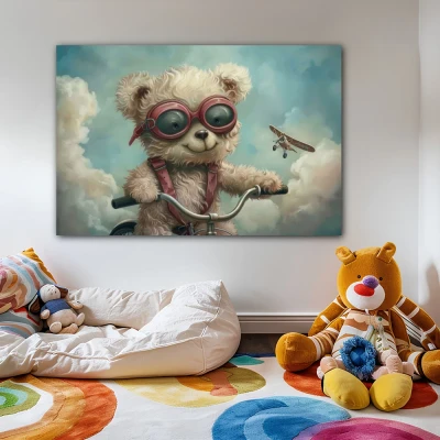 Wall Art titled: Dreamlike Children's Flight in a  format with: Sky blue, and Grey Colors; Decoration the Nursery wall