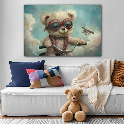 Wall Art titled: Dreamlike Children's Flight in a  format with: Sky blue, and Grey Colors; Decoration the Above Couch wall