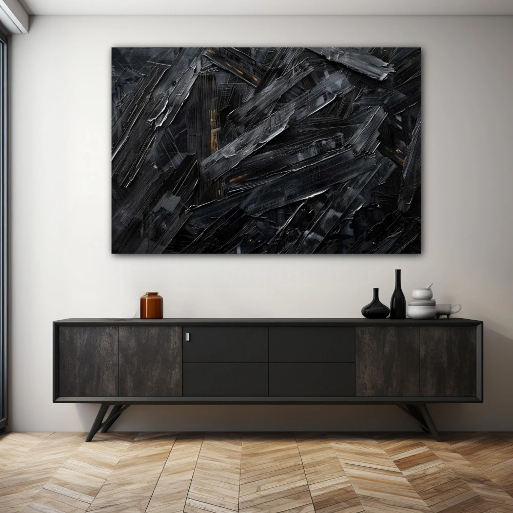 Wall Art titled: Fragments of Darkness in a Horizontal format with: Black, and Monochromatic Colors; Decoration the Sideboard wall