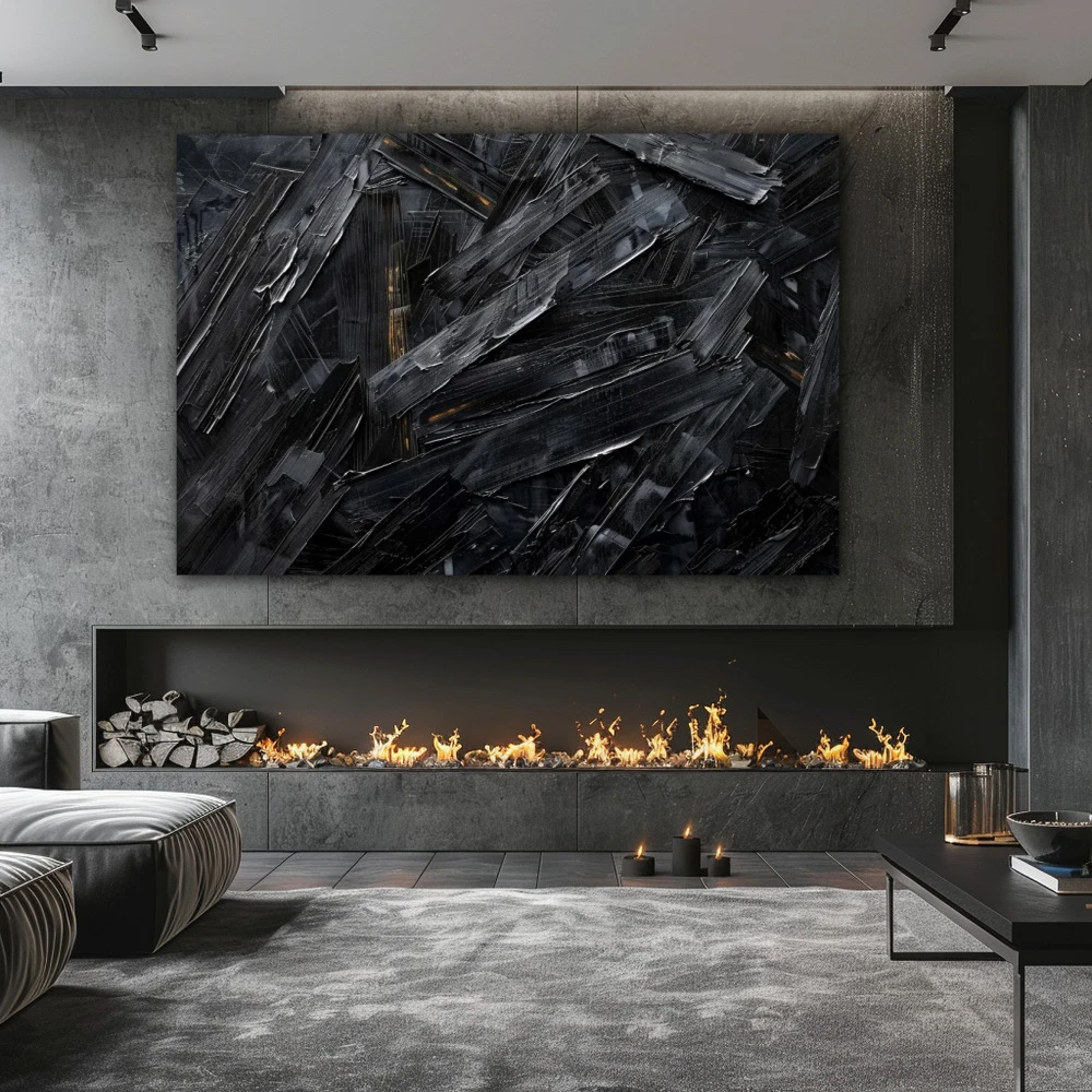 Wall Art titled: Fragments of Darkness in a Horizontal format with: Black, and Monochromatic Colors; Decoration the Fireplace wall