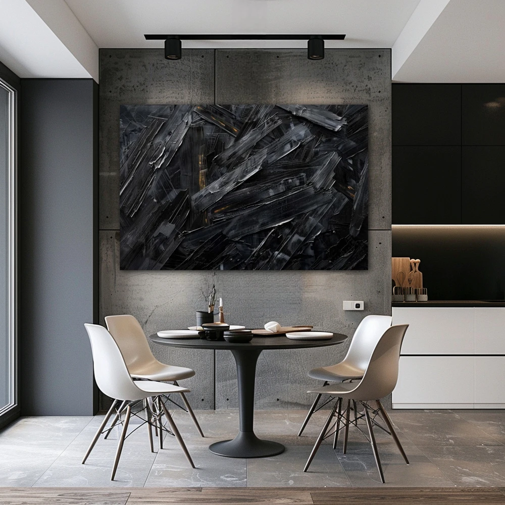 Cuadro fragmentos de oscuridad en formato horizontal con colores negro, monocromático; decorando pared de cocina
