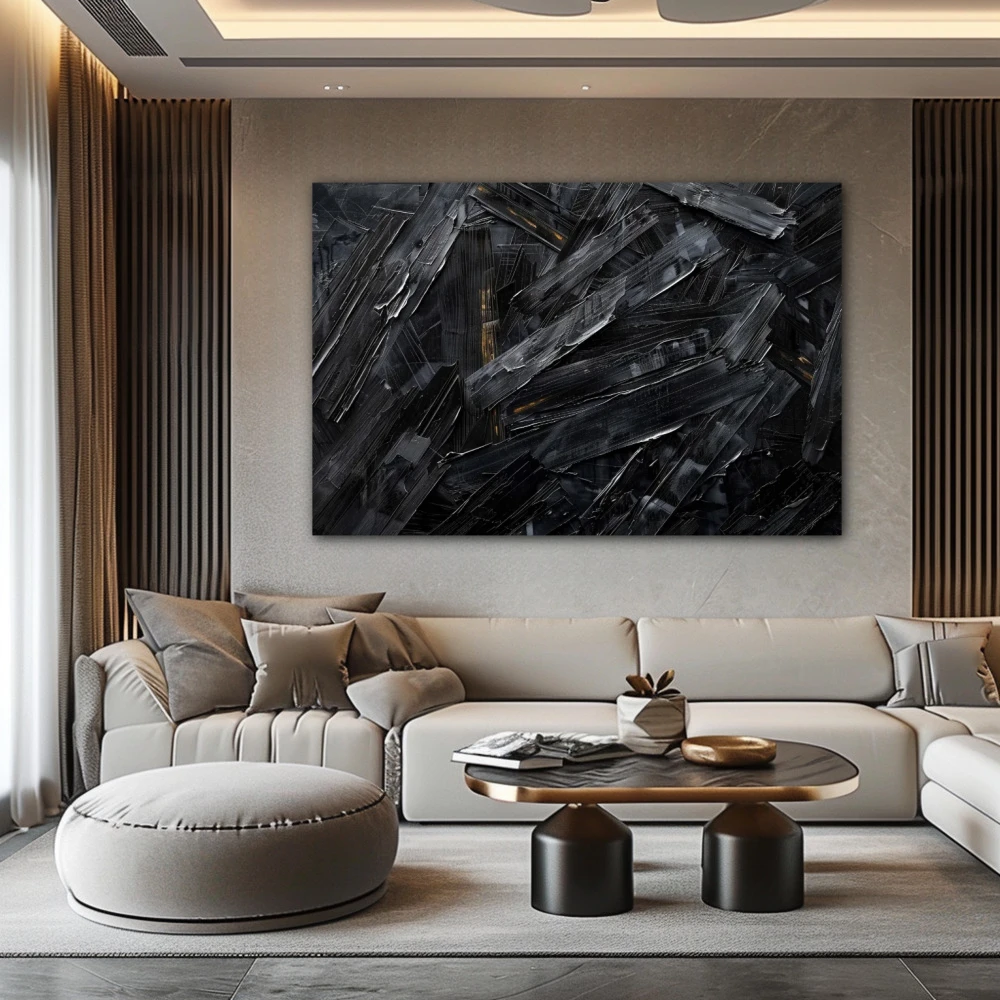 Wall Art titled: Fragments of Darkness in a Horizontal format with: Black, and Monochromatic Colors; Decoration the Above Couch wall
