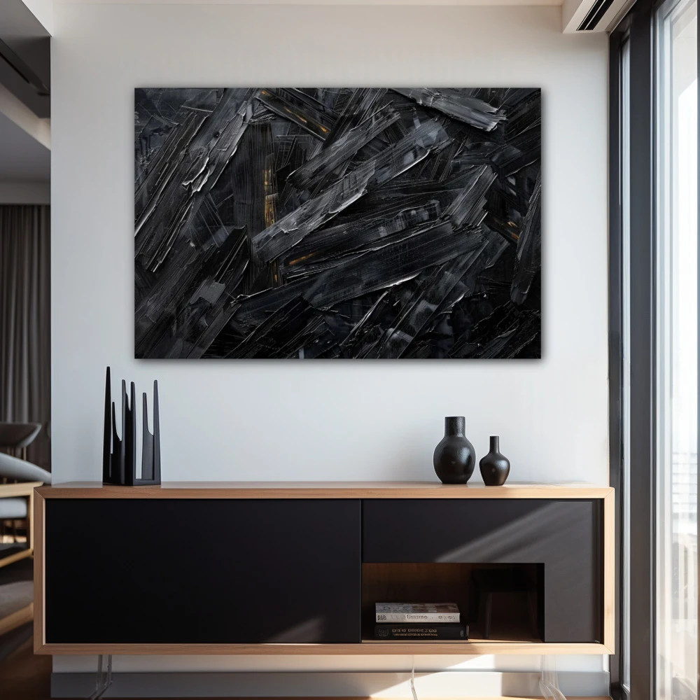Wall Art titled: Fragments of Darkness in a Horizontal format with: Black, and Monochromatic Colors; Decoration the Entryway wall