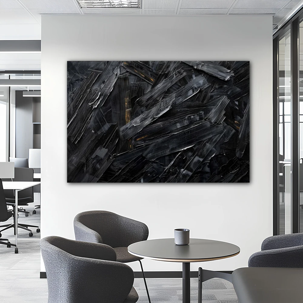 Cuadro fragmentos de oscuridad en formato horizontal con colores negro, monocromático; decorando pared de oficina
