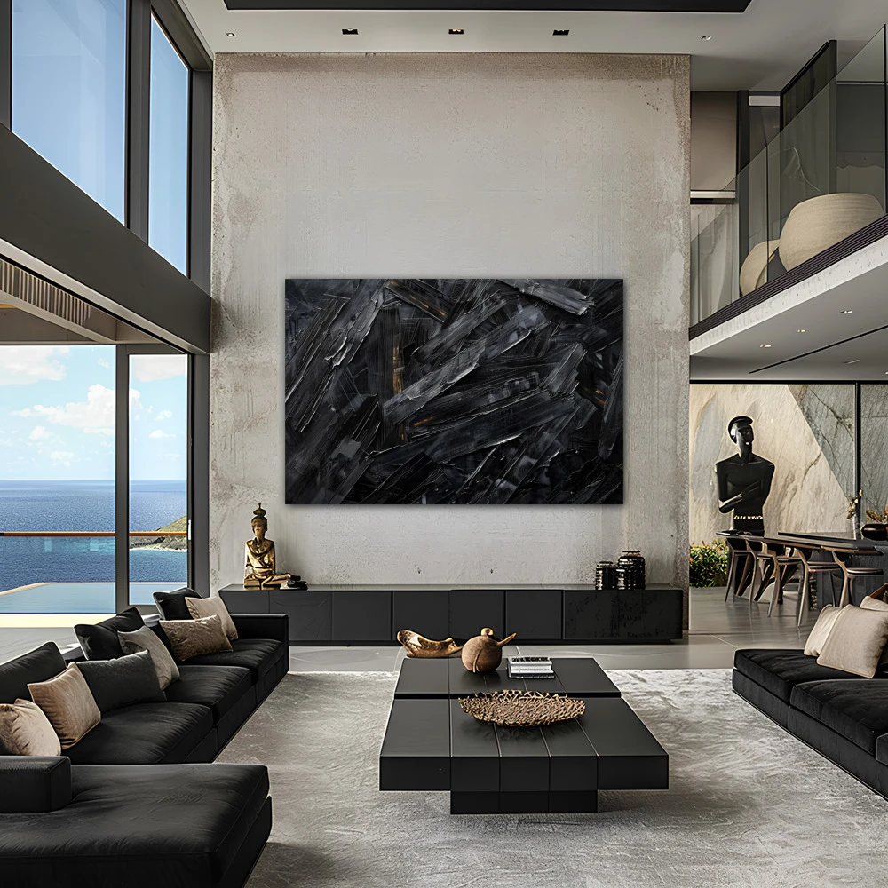 Wall Art titled: Fragments of Darkness in a Horizontal format with: Black, and Monochromatic Colors; Decoration the Living Room wall