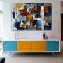 Wall Art titled: Fragments of a Divergent Reality in a Horizontal format with: Blue, Golden, and Grey Colors; Decoration the Sideboard wall