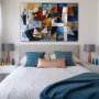 Wall Art titled: Fragments of a Divergent Reality in a Horizontal format with: Blue, Golden, and Grey Colors; Decoration the Bedroom wall
