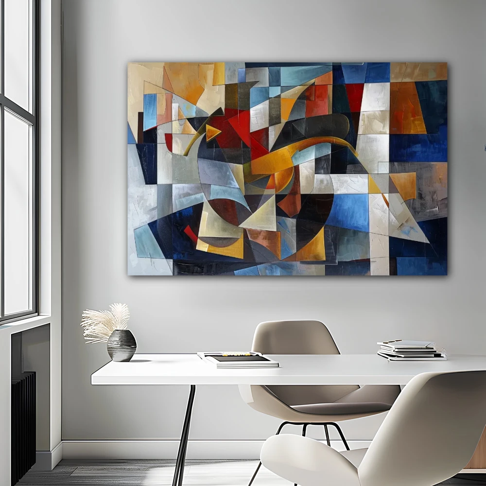 Cuadro fragmentos de una realidad divergente en formato horizontal con colores azul, dorado, gris; decorando pared de oficina