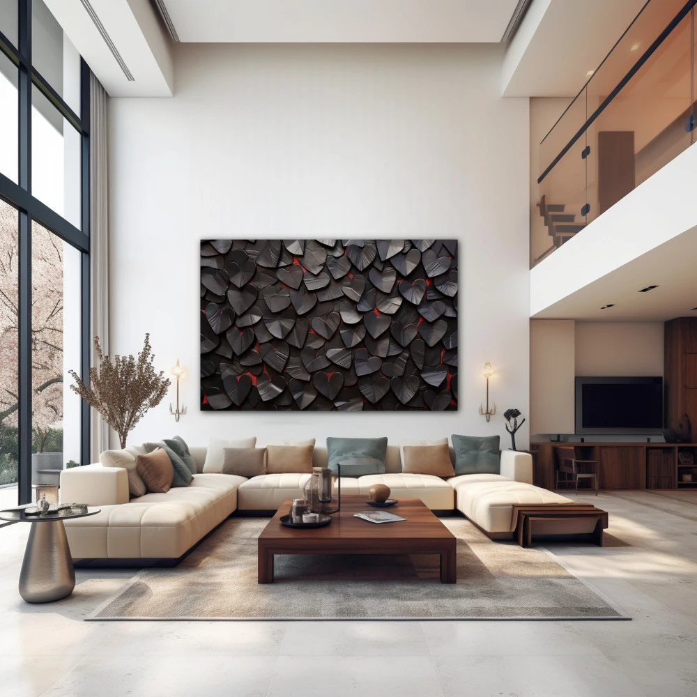 Wall Art titled: Mysterious Heartbeats in a Horizontal format with: Black, and Red Colors; Decoration the Above Couch wall