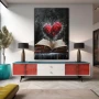 Wall Art titled: Literary Heartbeats in a Vertical format with: Grey, Black, and Red Colors; Decoration the Sideboard wall