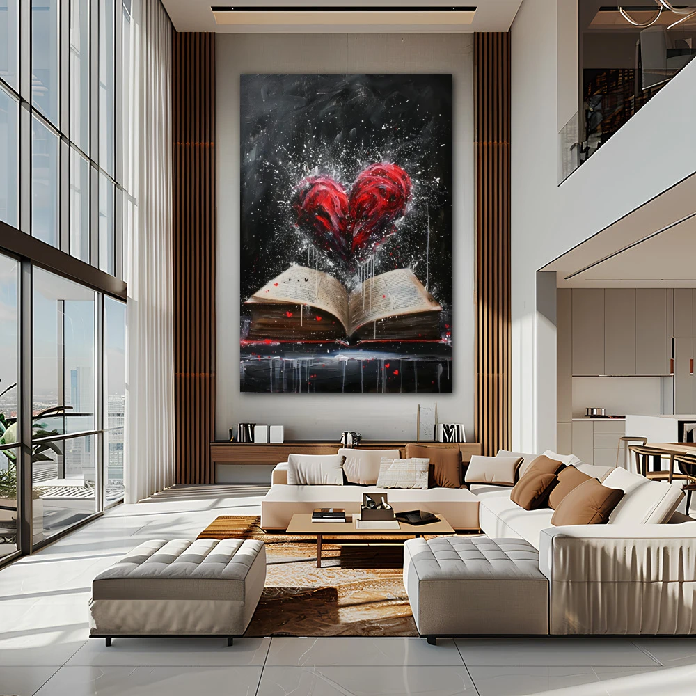 Wall Art titled: Literary Heartbeats in a Vertical format with: Grey, Black, and Red Colors; Decoration the Living Room wall
