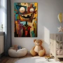Wall Art titled: Fragments of Joy in a Vertical format with: Blue, and Brown Colors; Decoration the Beige Wall wall