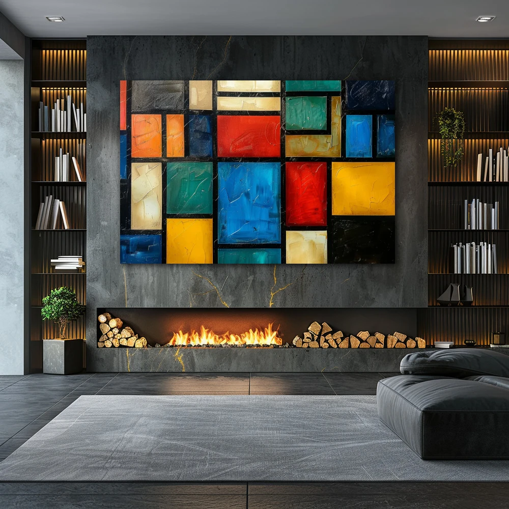 Wall Art titled: Geometry of the Senses in a Horizontal format with: Blue, Orange, Red, and Vivid Colors; Decoration the Fireplace wall
