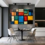 Wall Art titled: Geometry of the Senses in a Horizontal format with: Blue, Orange, Red, and Vivid Colors; Decoration the Kitchen wall