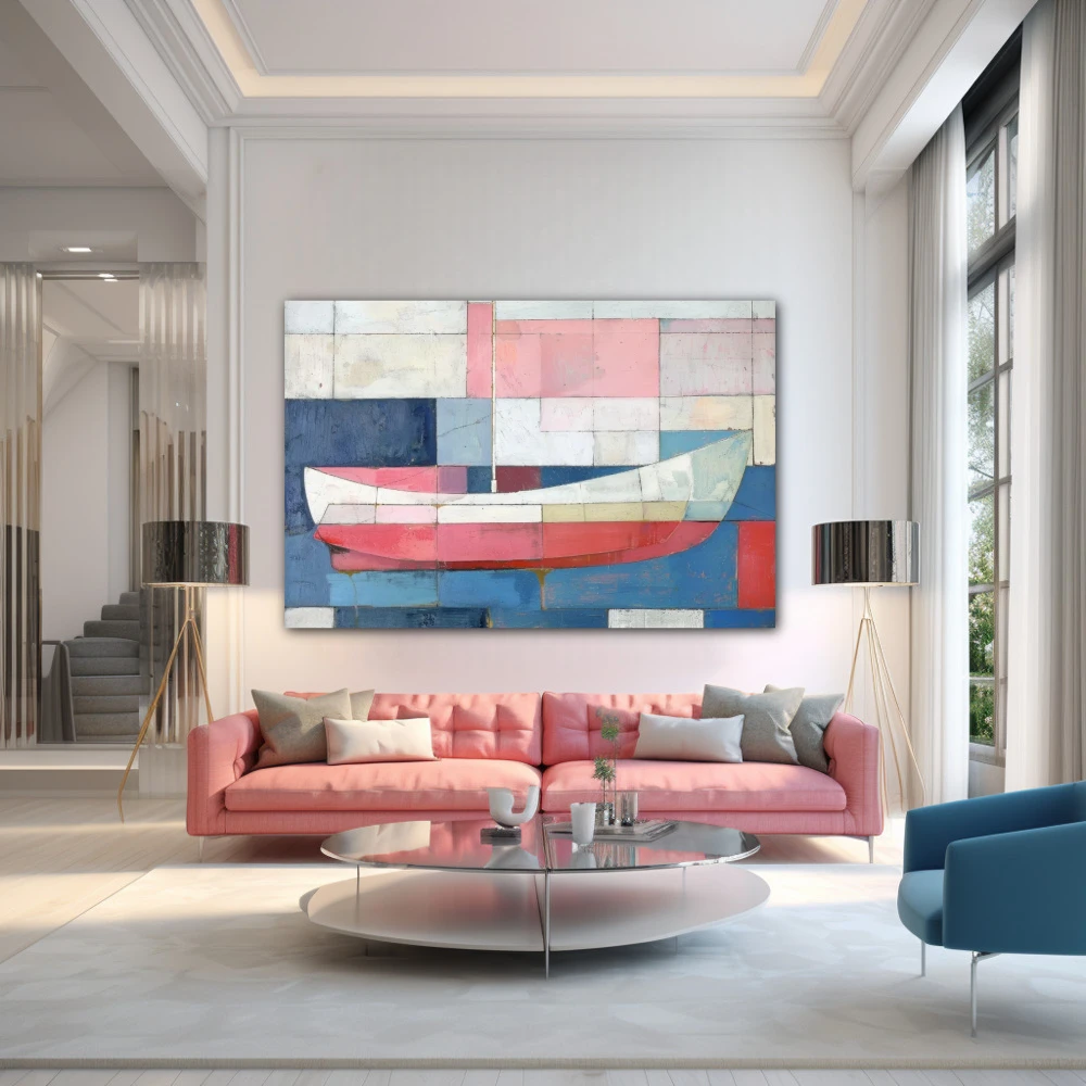 Cuadro navegante geométrico en formato horizontal con colores azul, blanco, pastel; decorando pared de encima del sofá