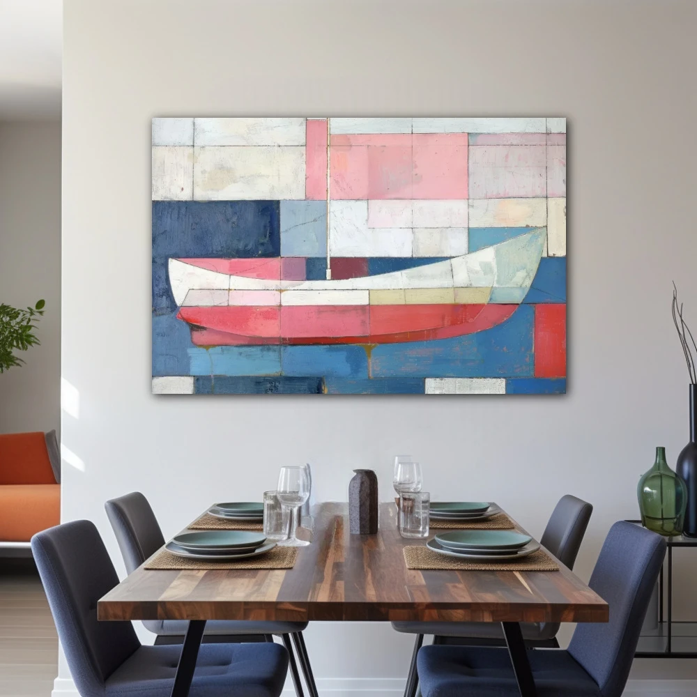 Wall Art titled: Geomtric Navigator in a Horizontal format with: Blue, white, and Pastel Colors; Decoration the Living Room wall