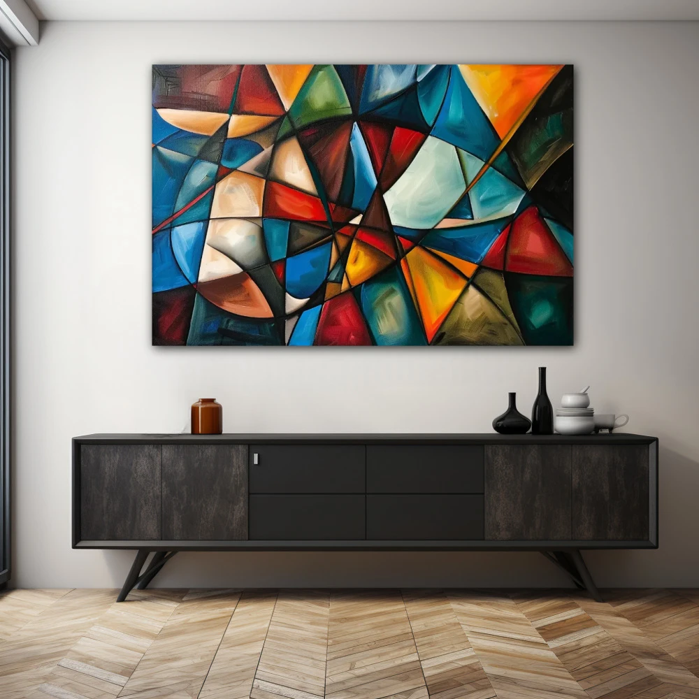 Wall Art titled: Interwoven Divergences in a Horizontal format with: Blue, Orange, and Vivid Colors; Decoration the Sideboard wall