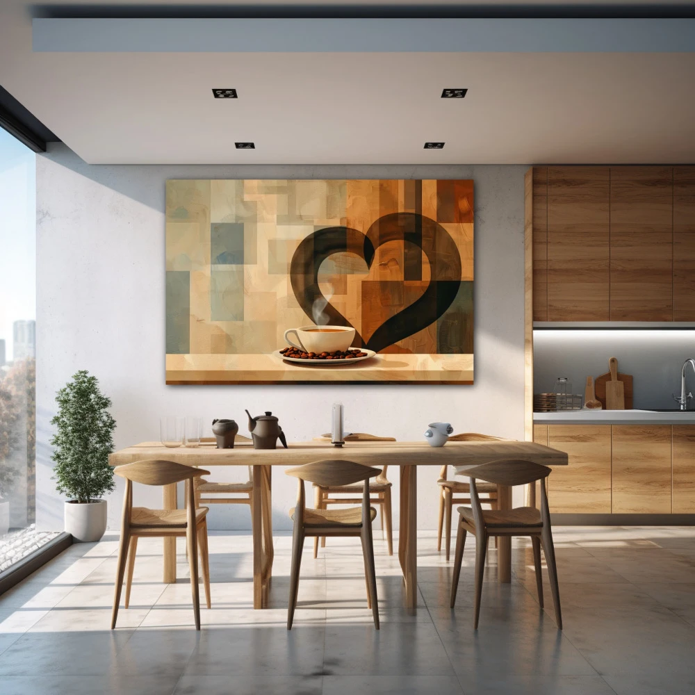 Cuadro corazón aromático en formato horizontal con colores marrón, beige; decorando pared de cocina