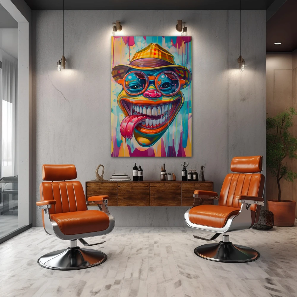Cuadro felicidad desinhibida en formato vertical con colores celeste, naranja, vivos; decorando pared de barbería