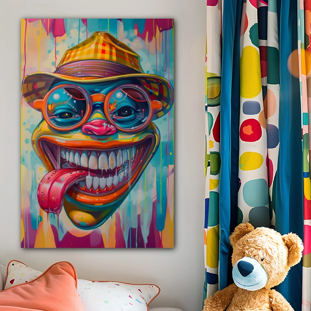 Cuadro felicidad desinhibida en formato vertical con colores celeste, naranja, vivos; decorando pared de dormitorio infantil