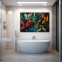 Wall Art titled: Chromatic Aquatic Dance in a Horizontal format with: Blue, Orange, and Red Colors; Decoration the Bathroom wall