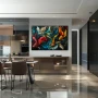 Wall Art titled: Chromatic Aquatic Dance in a Horizontal format with: Blue, Orange, and Red Colors; Decoration the Kitchen wall