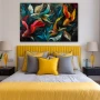 Wall Art titled: Chromatic Aquatic Dance in a Horizontal format with: Blue, Orange, and Red Colors; Decoration the Bedroom wall