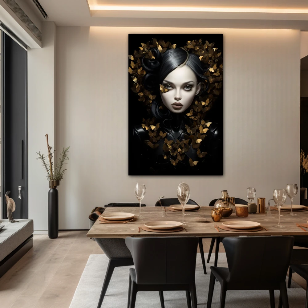 Cuadro la belleza del crepúsculo alado en formato vertical con colores dorado, negro; decorando pared de salón comedor