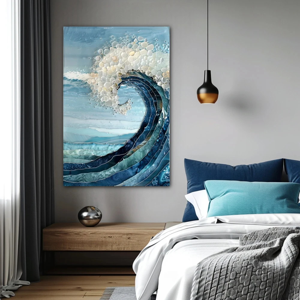 Wall Art titled: Triton's Tears in a Vertical format with: Blue, Sky blue, Turquoise, and Navy Blue Colors; Decoration the Bedroom wall