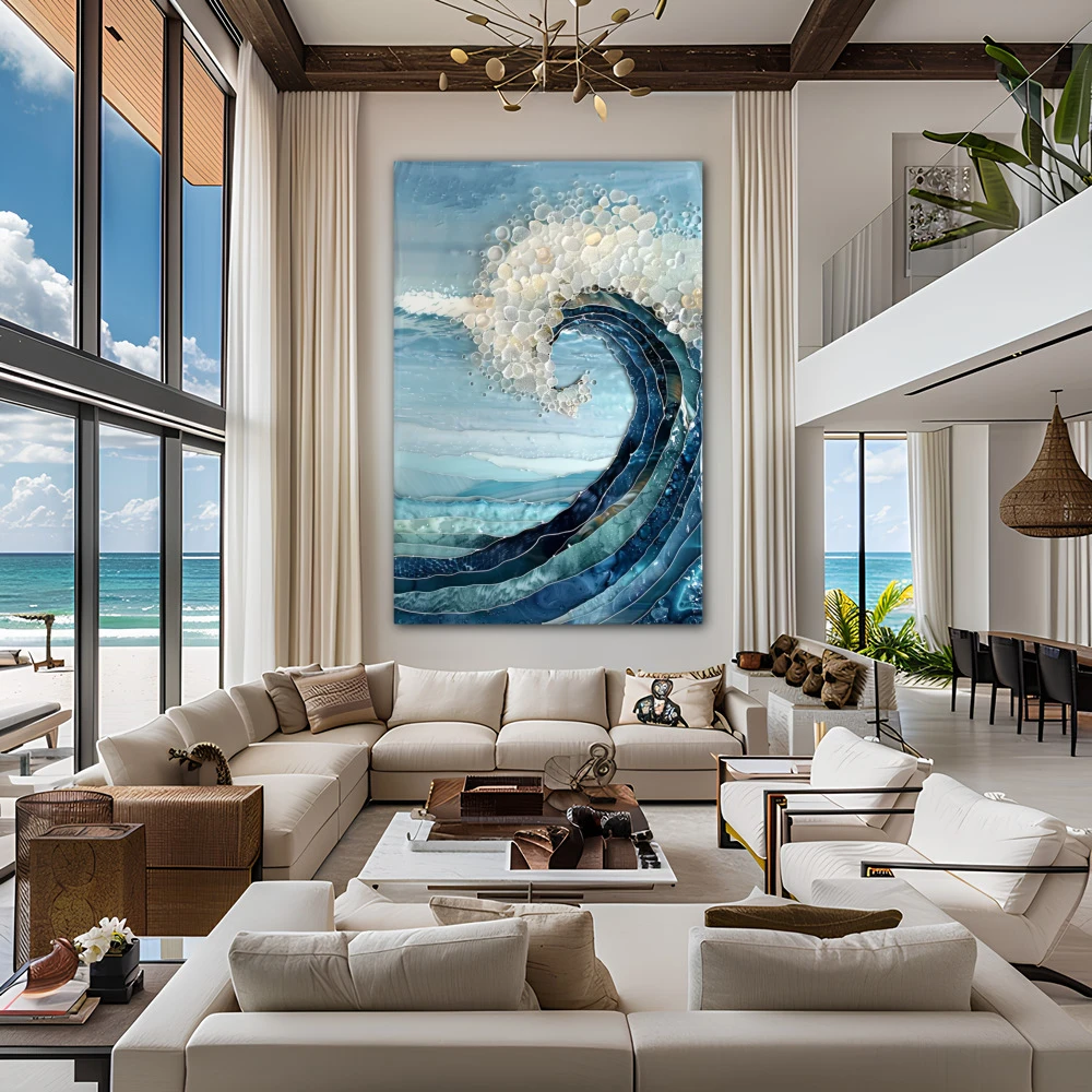 Wall Art titled: Triton's Tears in a Vertical format with: Blue, Sky blue, Turquoise, and Navy Blue Colors; Decoration the Living Room wall