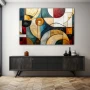 Wall Art titled: Interwoven Chromatic Echoes in a Horizontal format with: Sky blue, Golden, and Red Colors; Decoration the Sideboard wall