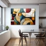 Wall Art titled: Interwoven Chromatic Echoes in a Horizontal format with: Sky blue, Golden, and Red Colors; Decoration the Kitchen wall