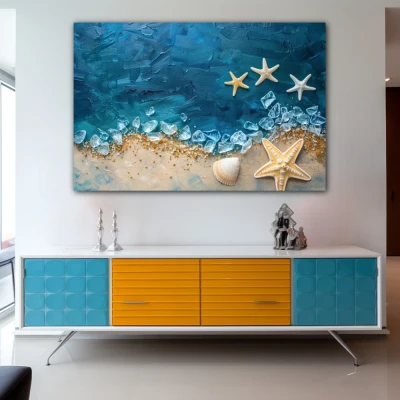 Wall Art titled: Sea Crystals in a  format with: Beige, and Navy Blue Colors; Decoration the Sideboard wall