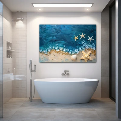 Wall Art titled: Sea Crystals in a  format with: Beige, and Navy Blue Colors; Decoration the Bathroom wall