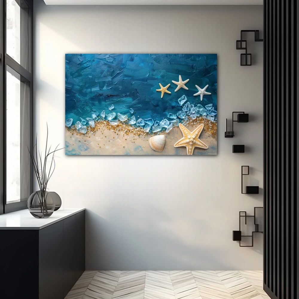 Cuadro cristales de mar en formato horizontal con colores azul, beige; decorando pared gris