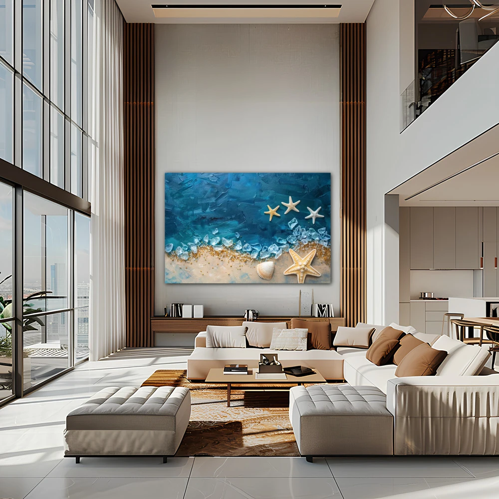 Wall Art titled: Sea Crystals in a Horizontal format with: Beige, and Navy Blue Colors; Decoration the Living Room wall