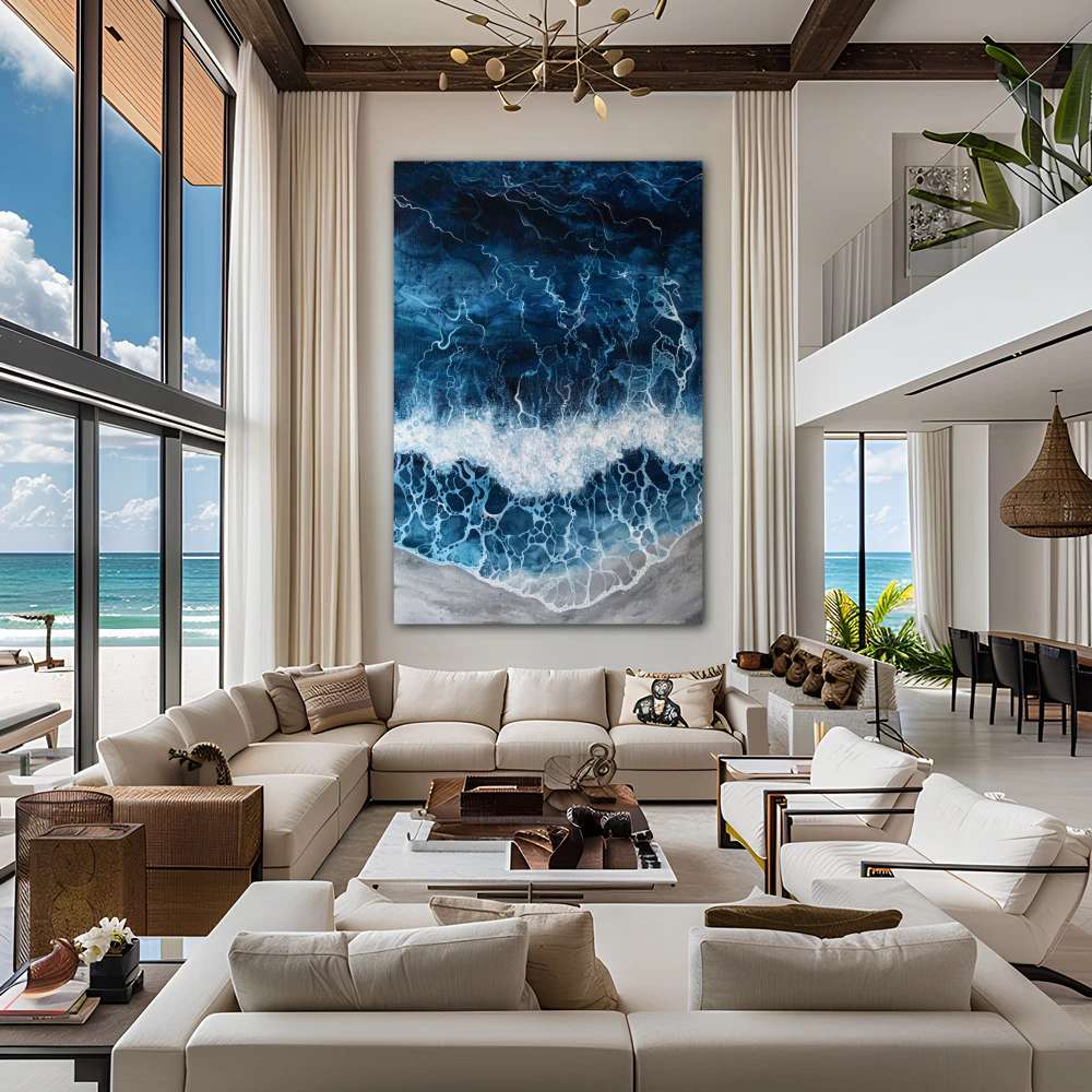 Cuadro sueños de espuma marina en formato vertical con colores blanco, gris, azul marino; decorando pared de salón comedor