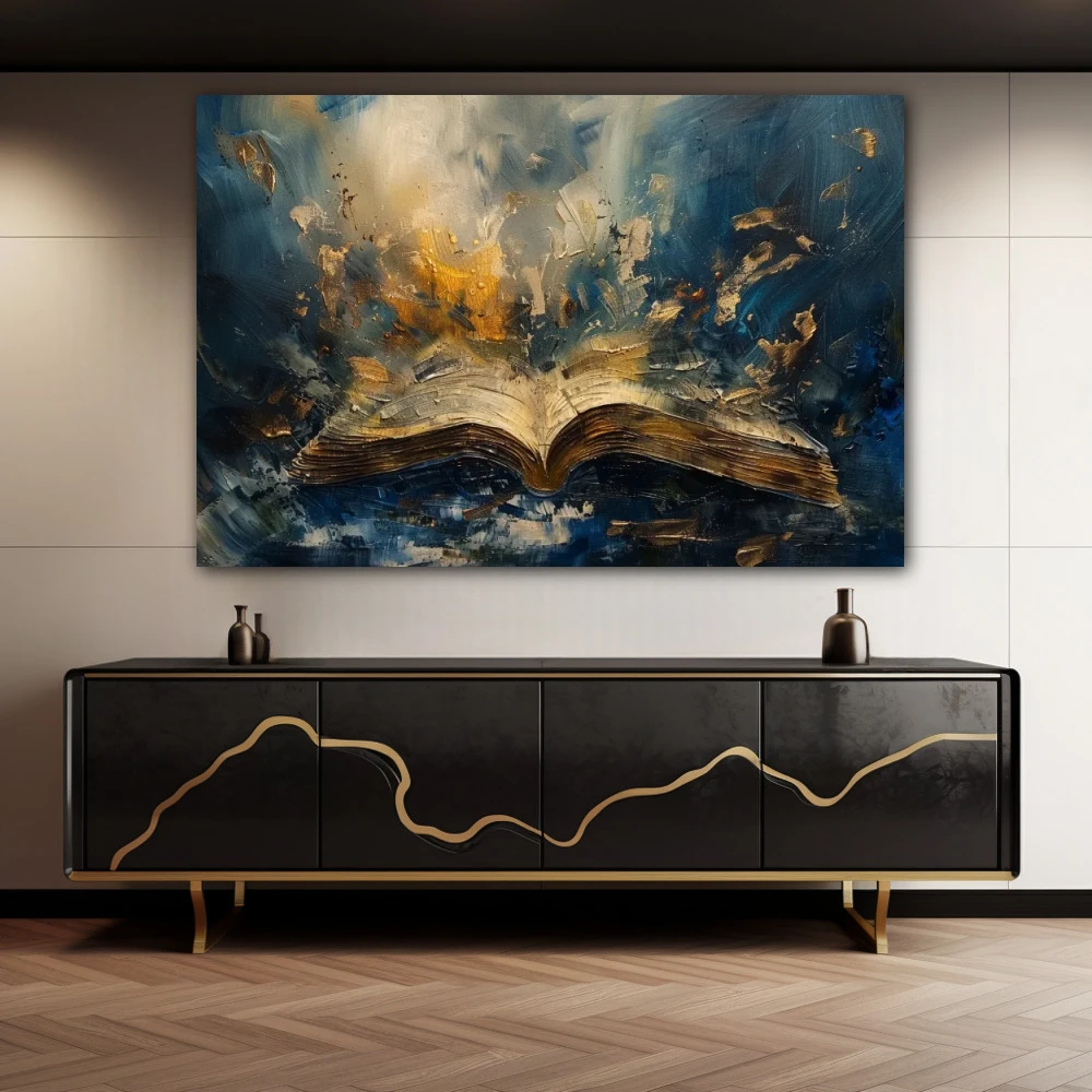 Cuadro sueños del lector en formato horizontal con colores dorado, azul marino; decorando pared de aparador