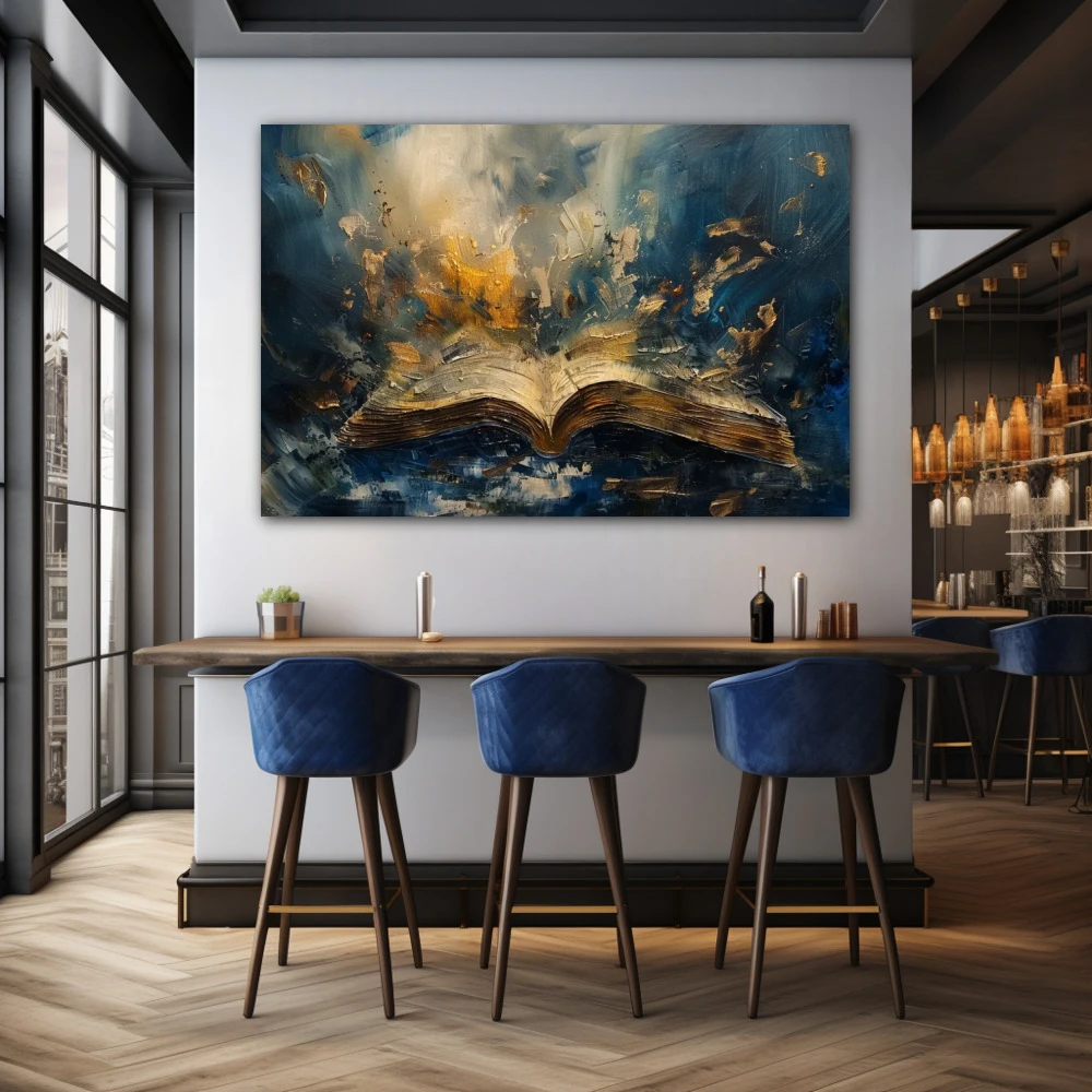Cuadro sueños del lector en formato horizontal con colores dorado, azul marino; decorando pared de bar