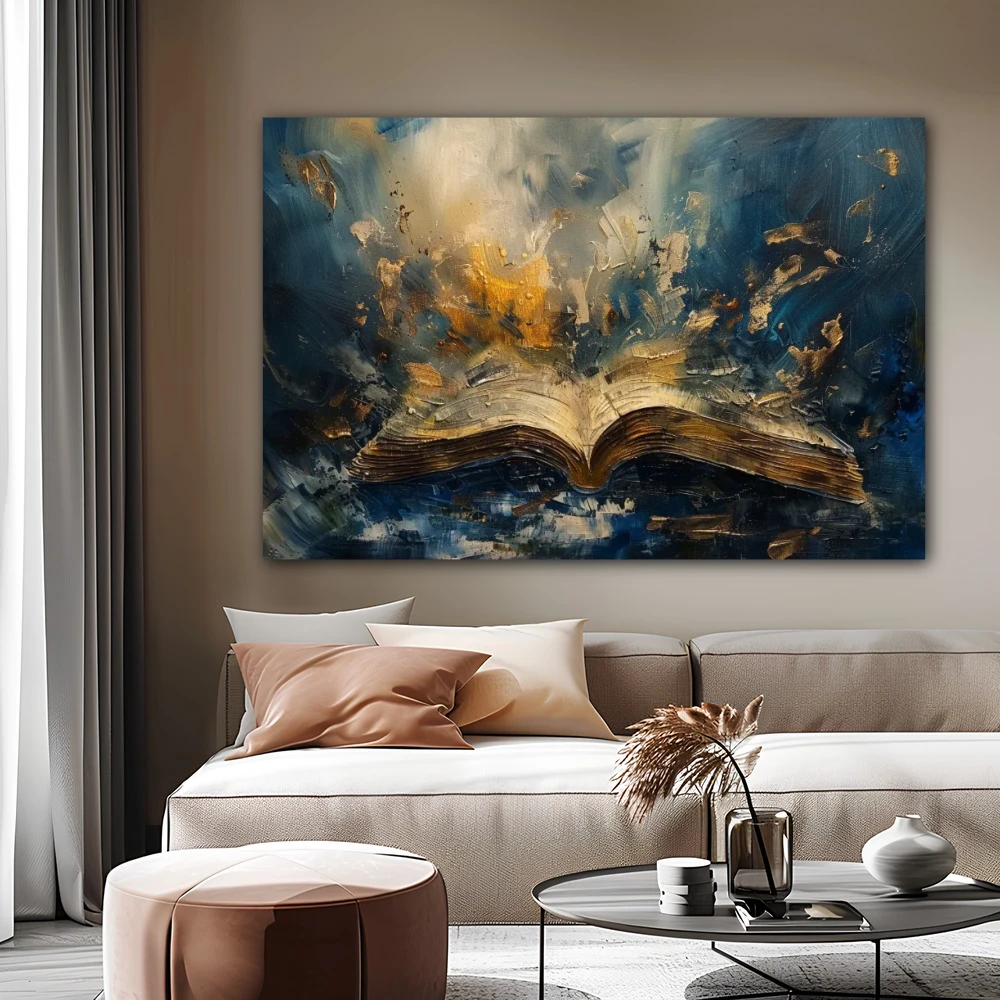 Cuadro sueños del lector en formato horizontal con colores dorado, azul marino; decorando pared beige