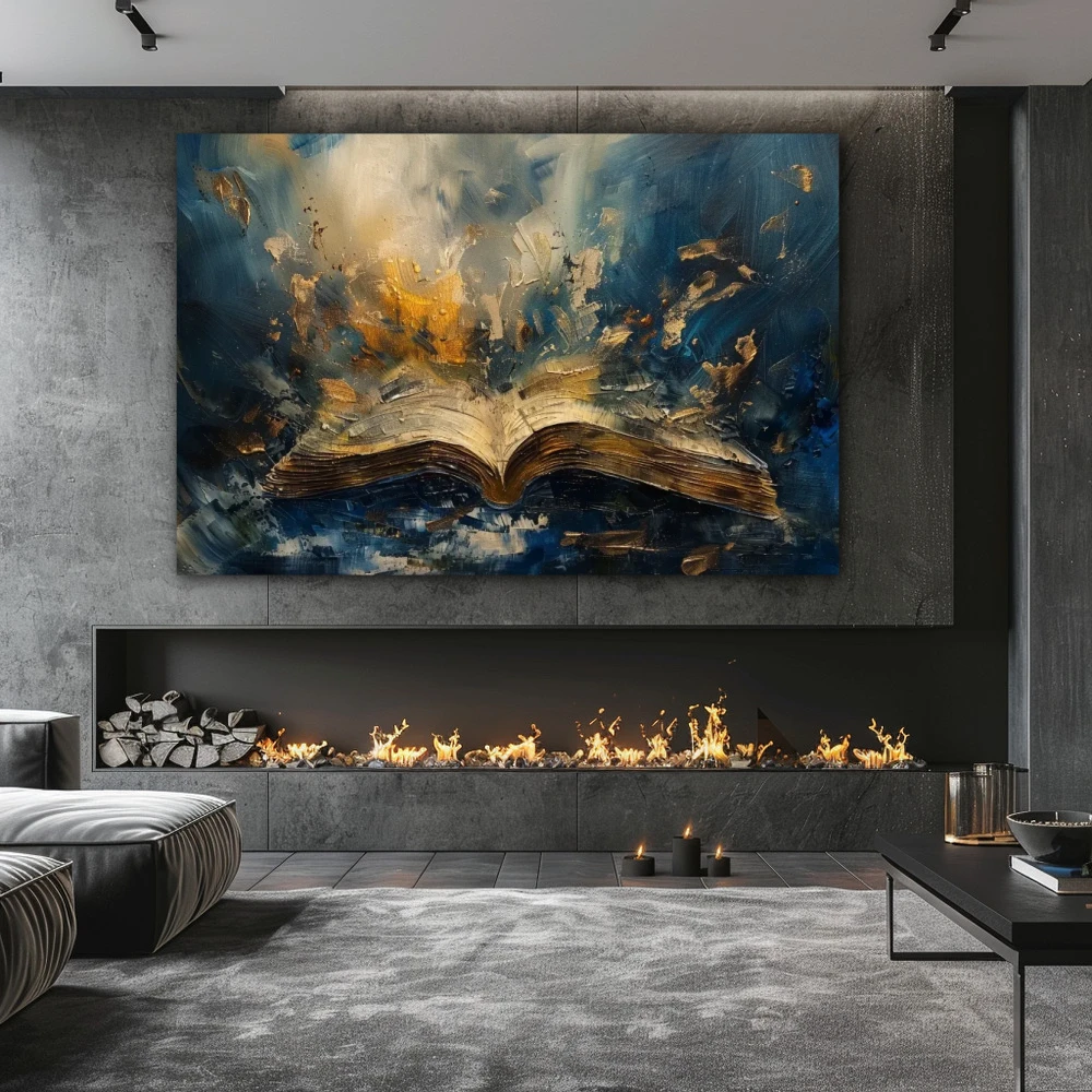 Cuadro sueños del lector en formato horizontal con colores dorado, azul marino; decorando pared de chimenea
