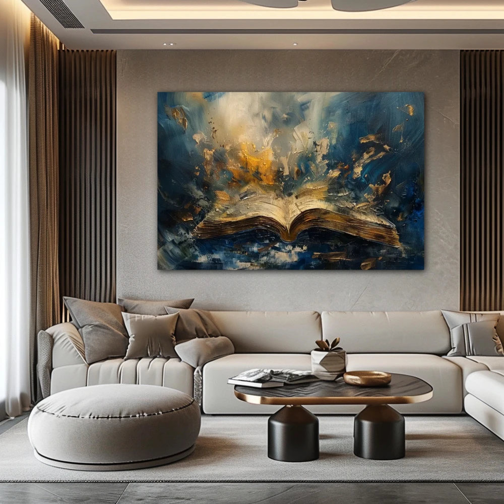 Cuadro sueños del lector en formato horizontal con colores dorado, azul marino; decorando pared de encima del sofá