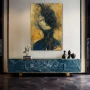 Wall Art titled: Deep Emotional Labyrinth in a Vertical format with: Golden, and Navy Blue Colors; Decoration the Sideboard wall